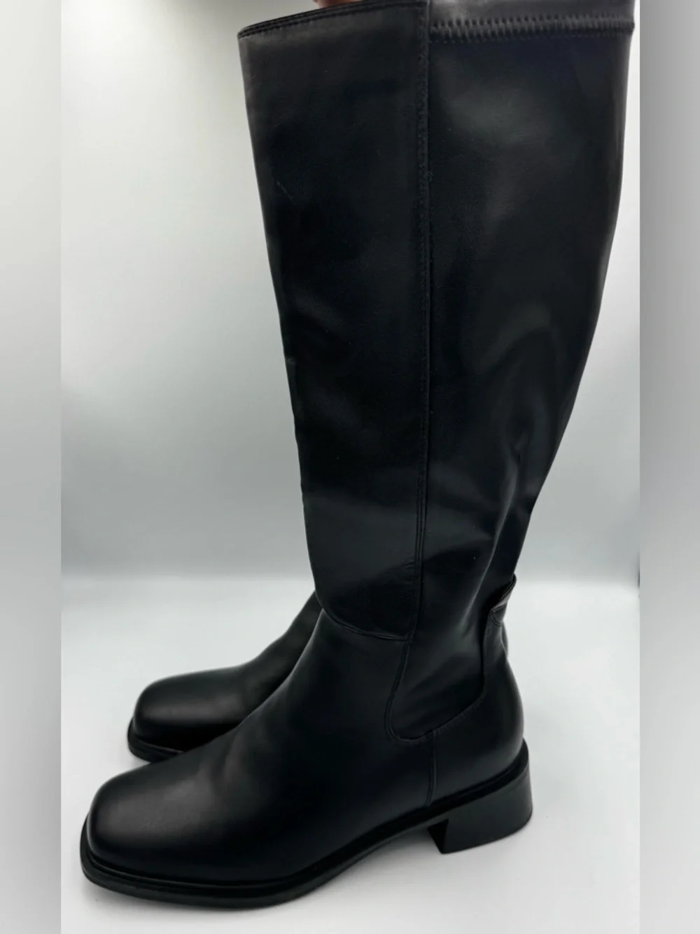 Black Vegan Leather Square Toe Knee High Boots Block Heel Size 10